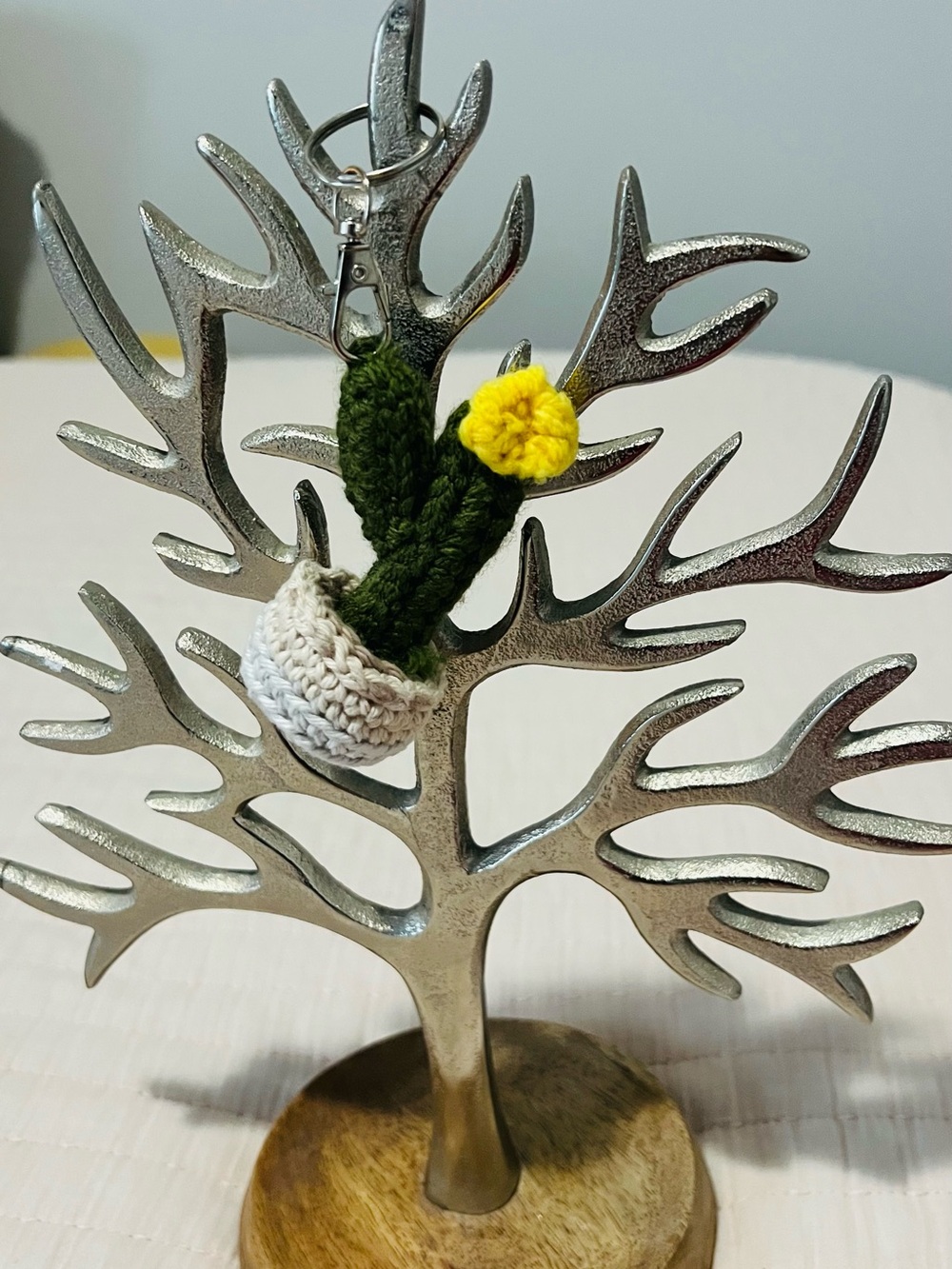 Handmade Crochet Cactus Keychain with Yellow Flower